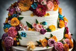 ein Hochzeit Kuchen mit bunt Blumen auf oben. KI-generiert foto