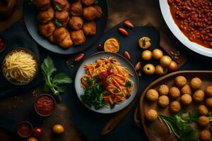 ein Tabelle mit verschiedene Lebensmittel einschließlich Pasta, Fleischklößchen, und Gemüse. KI-generiert foto