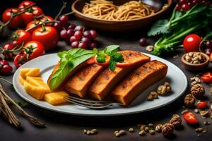 gebraten Tofu mit Gemüse und Früchte auf ein dunkel Hintergrund. KI-generiert foto