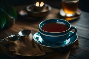 ein Tasse von Tee auf ein hölzern Tisch. KI-generiert foto