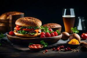 ein Bagel mit Fleisch, Gemüse und ein Glas von Bier. KI-generiert foto