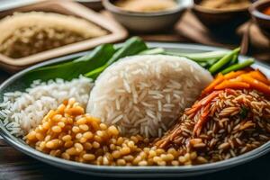 ein Teller von Reis, Gemüse und andere Zutaten. KI-generiert foto