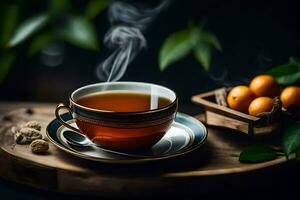 ein Tasse von Tee mit ein Untertasse und ein Schüssel von Orangen. KI-generiert foto