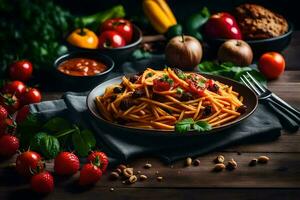 Spaghetti mit Fleisch und Gemüse auf ein hölzern Tisch. KI-generiert foto