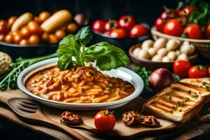 Pasta mit Tomate Soße und Brot auf ein hölzern Tisch. KI-generiert foto