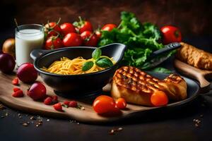 gegrillt Steak mit Pasta, Tomaten und Käse. KI-generiert foto