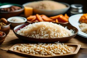ein Vielfalt von Reis, Bohnen, und andere Lebensmittel. KI-generiert foto