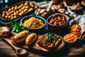 das Essen ist vereinbart worden auf ein hölzern Tisch. KI-generiert foto