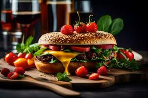 ein Hamburger mit Käse, Tomaten und Erdbeeren. KI-generiert foto