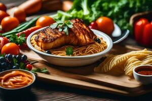 gegrillt Fisch mit Pasta und Gemüse auf ein hölzern Tisch. KI-generiert foto