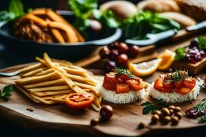 Essen auf ein Schneiden Tafel mit brot, Gemüse und andere Zutaten. KI-generiert foto