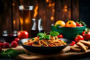 Spaghetti mit Tomaten, Basilikum und Brot auf ein hölzern Tisch. KI-generiert foto