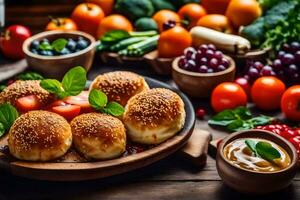 ein Teller von Essen mit Brot Rollen, Gemüse und Frucht. KI-generiert foto