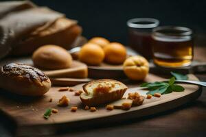 ein hölzern Schneiden Tafel mit brot, Käse und andere Lebensmittel. KI-generiert foto