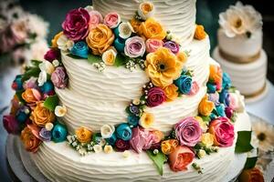 ein Hochzeit Kuchen mit bunt Blumen auf oben. KI-generiert foto