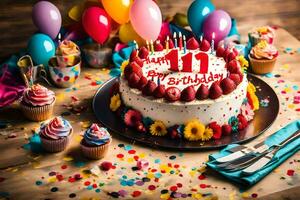 ein Geburtstag Kuchen mit Kerzen und Konfetti. KI-generiert foto