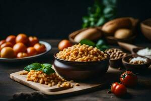 Bohnen, Tomaten, Brot und andere Zutaten auf ein hölzern Tisch. KI-generiert foto