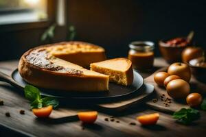 Käse Kuchen auf ein hölzern Tisch. KI-generiert foto