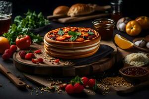 ein Pizza mit Gemüse und andere Zutaten auf ein Schneiden Tafel. KI-generiert foto