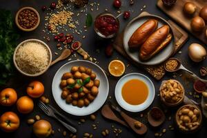 verschiedene Lebensmittel einschließlich brot, Nüsse, und andere Zutaten. KI-generiert foto