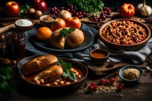 ein Tabelle mit Essen und andere Zutaten. KI-generiert foto