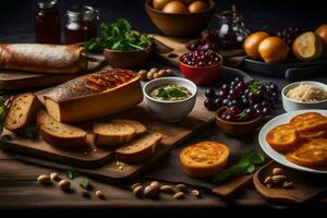 verschiedene Lebensmittel einschließlich brot, Käse, Trauben und Nüsse. KI-generiert foto