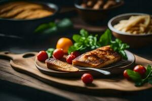 gegrillt Lachs auf ein hölzern Tafel mit Gemüse. KI-generiert foto