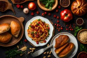 Italienisch Essen mit Pasta, brot, Tomaten, Basilikum, und andere Zutaten. KI-generiert foto