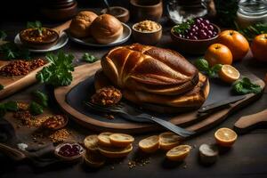 ein Laib von Brot auf ein Schneiden Tafel mit andere Lebensmittel. KI-generiert foto