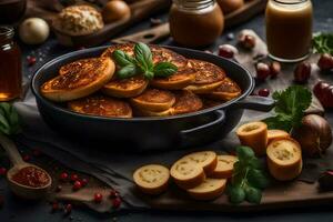 Pfannkuchen im ein schwenken mit Brot und Gewürze. KI-generiert foto