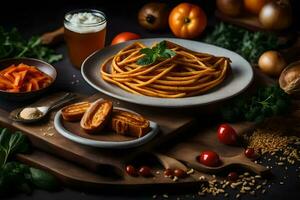 ein Teller von Spaghetti mit Gemüse und ein Bier. KI-generiert foto