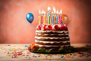 ein Geburtstag Kuchen mit Kerzen und Konfetti. KI-generiert foto