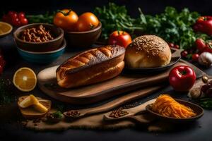 ein Vielfalt von Essen auf ein hölzern Tafel. KI-generiert foto