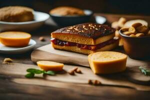 ein Sandwich mit Käse und Marmelade auf ein hölzern Tisch. KI-generiert foto