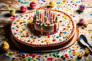 ein Geburtstag Kuchen mit Kerzen auf oben. KI-generiert foto