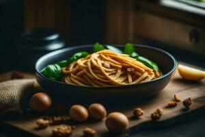 Pasta mit Ei und Basilikum auf ein hölzern Tisch. KI-generiert foto