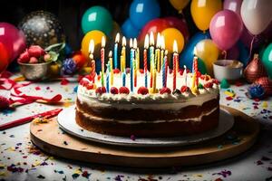 ein Geburtstag Kuchen mit zündete Kerzen auf oben. KI-generiert foto