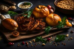 ein hölzern Schneiden Tafel mit brot, Nüsse und Gewürze. KI-generiert foto