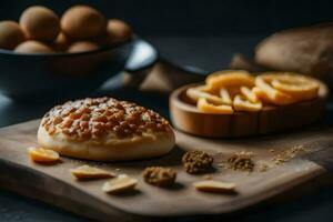 ein Brot mit Nüsse und Orangen auf ein hölzern Schneiden Tafel. KI-generiert foto