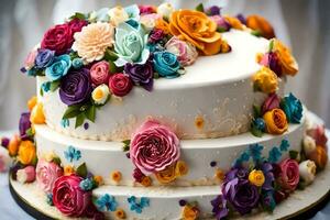 ein drei abgestuft Kuchen mit bunt Blumen auf oben. KI-generiert foto