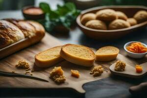 Brot und Brot auf ein Schneiden Tafel. KI-generiert foto