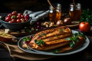 ein Stück von Brot mit Käse und Tomaten auf ein Platte. KI-generiert foto