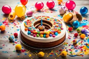 Geburtstag Kuchen mit Kerzen und Konfetti auf hölzern Tisch. KI-generiert foto