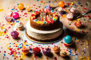 Geburtstag Kuchen mit Kerzen auf das Tisch. KI-generiert foto