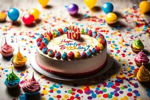 ein Geburtstag Kuchen mit bunt Konfetti und Luftballons. KI-generiert foto