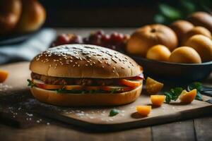 ein Hamburger mit Gemüse und Obst auf ein Schneiden Tafel. KI-generiert foto