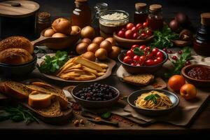 verschiedene Lebensmittel einschließlich brot, Tomaten, und andere Zutaten. KI-generiert foto