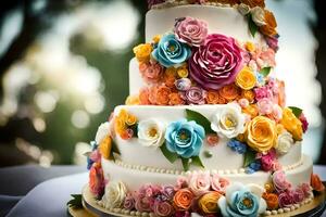 ein Hochzeit Kuchen mit bunt Blumen auf oben. KI-generiert foto