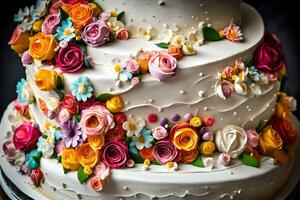 ein Hochzeit Kuchen mit bunt Blumen auf oben. KI-generiert foto