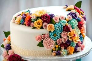 ein Kuchen dekoriert mit bunt Blumen. KI-generiert foto